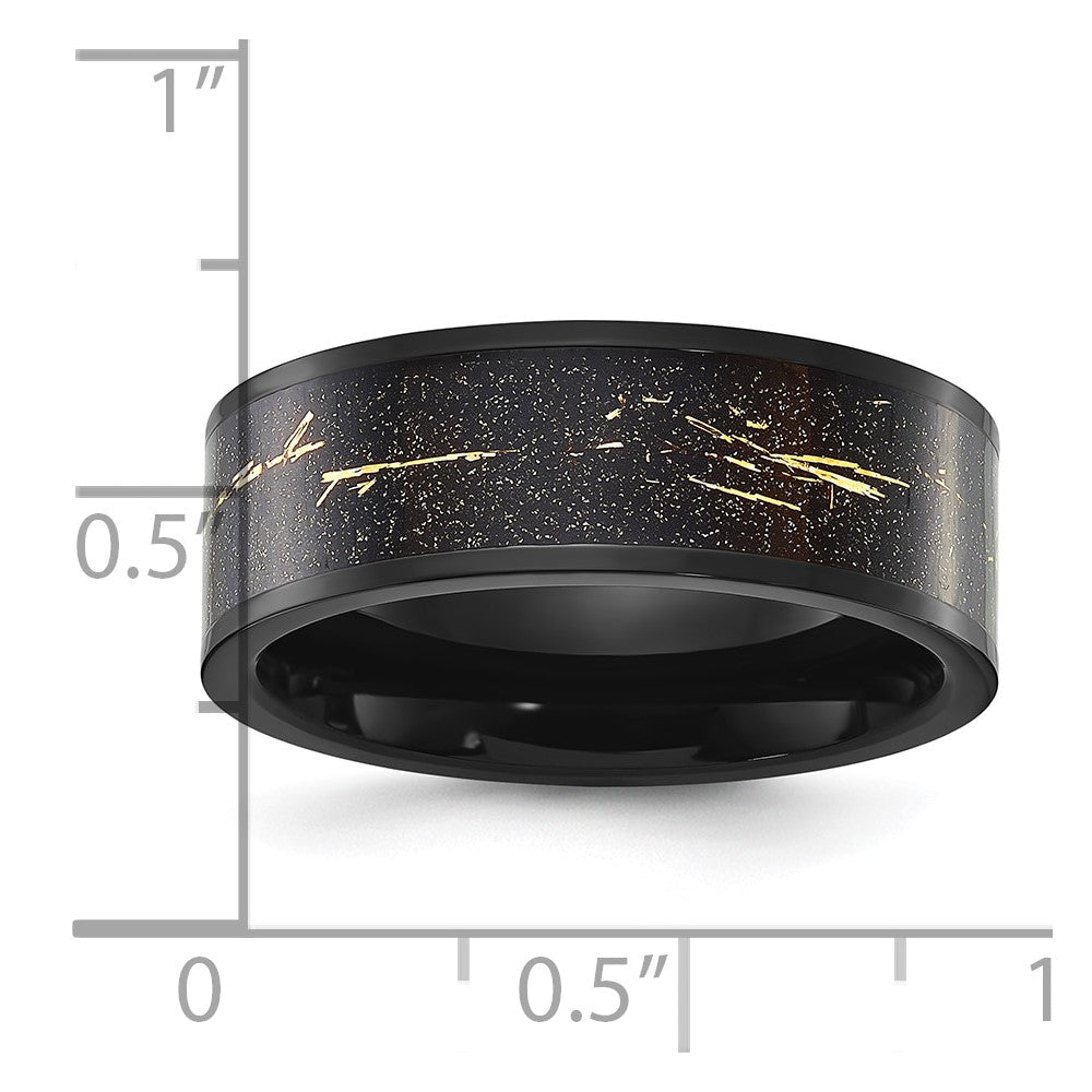 Chisel Stainless Steel Polished Black IP-plated Black and Gold Foil Inlay 8mm Band