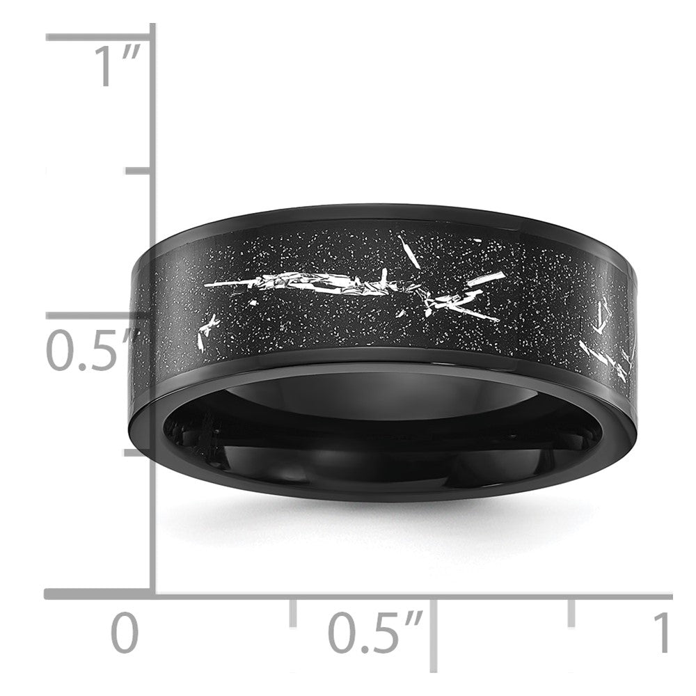 Chisel Stainless Steel Polished Black IP-plated Black and Silver Foil Inlay 8mm Band