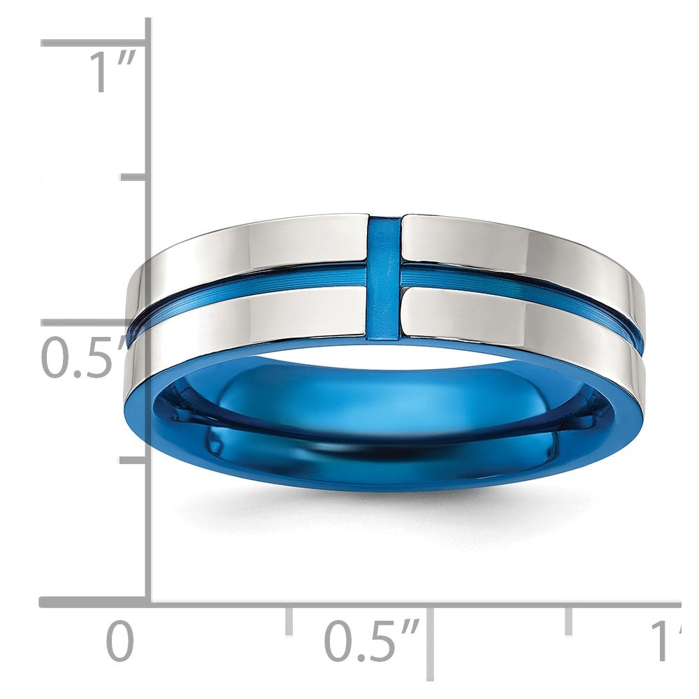 Chisel Stainless Steel Polished Blue IP-plated Grooved 6mm Band