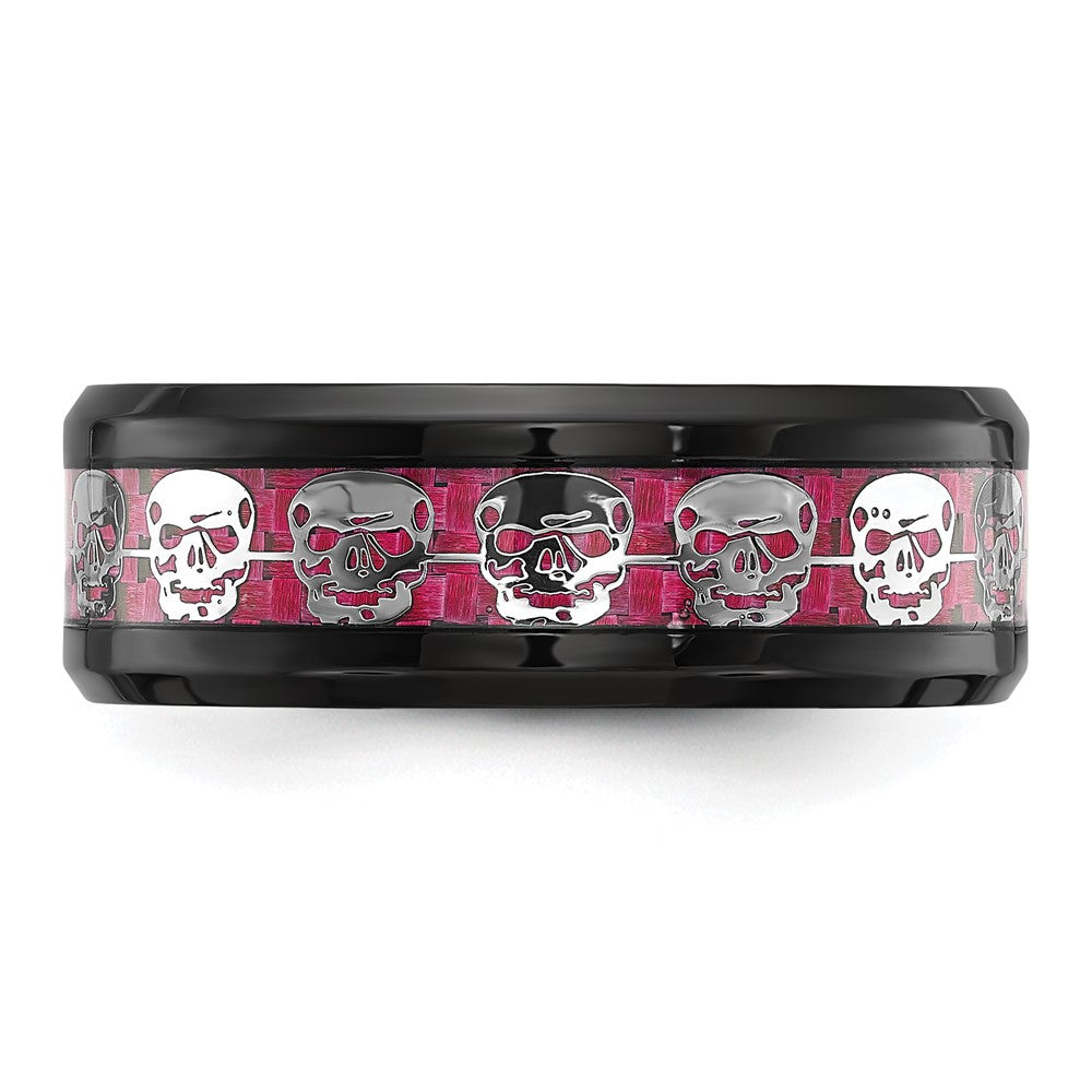 Chisel Stainless Steel Polished  Black IP-plated Skulls with Pink Carbon Fiber Inlay 8mm Band