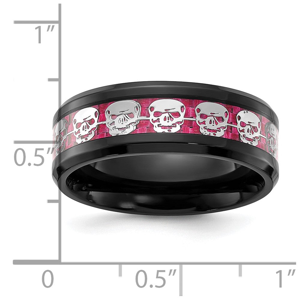 Chisel Stainless Steel Polished  Black IP-plated Skulls with Pink Carbon Fiber Inlay 8mm Band