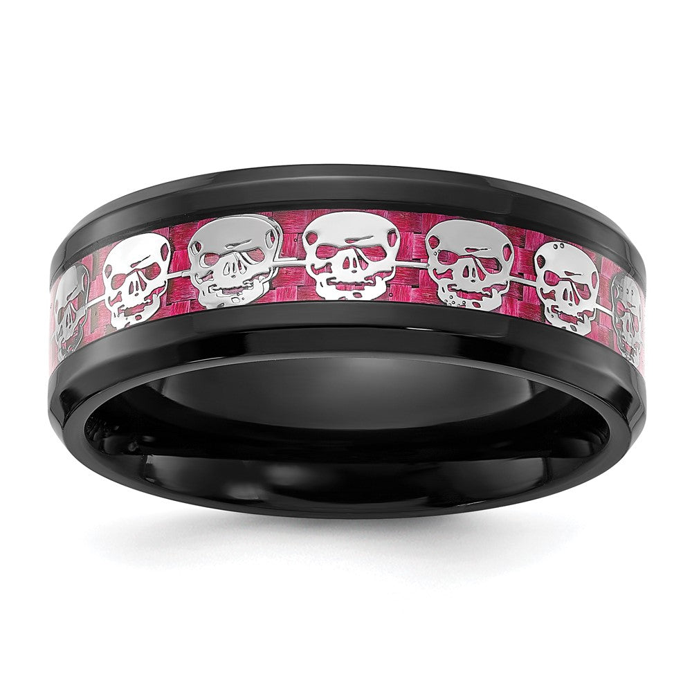Chisel Stainless Steel Polished  Black IP-plated Skulls with Pink Carbon Fiber Inlay 8mm Band