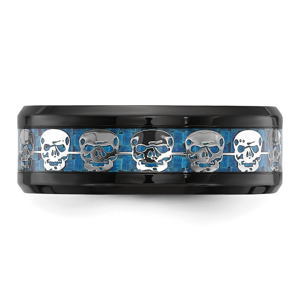 Chisel Stainless Steel Polished Black IP-plated Skulls with Blue Carbon Fiber Inlay 8mm Band
