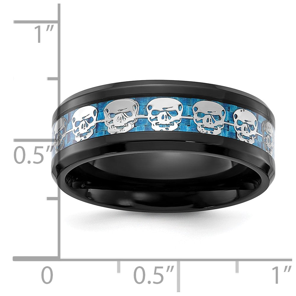 Chisel Stainless Steel Polished Black IP-plated Skulls with Blue Carbon Fiber Inlay 8mm Band