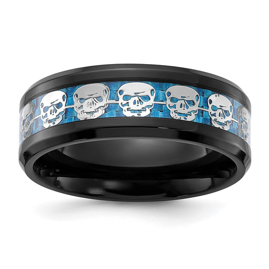 Chisel Stainless Steel Polished Black IP-plated Skulls with Blue Carbon Fiber Inlay 8mm Band