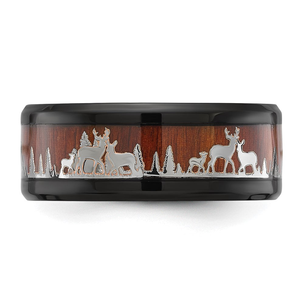Chisel Stainless Steel Polished Black IP-plated with Wood Inlay Deer in Forest Design 9mm Band