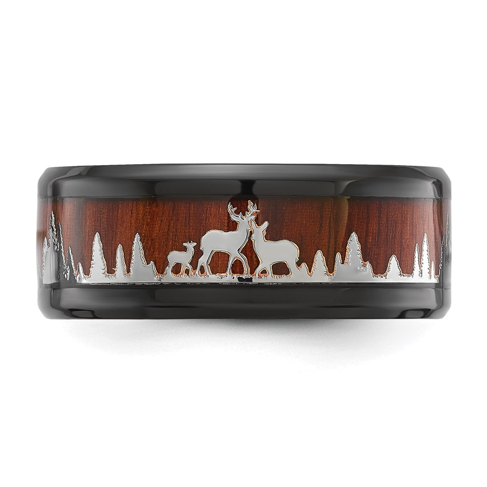 Chisel Stainless Steel Polished Black IP-plated with Wood Inlay Deer in Forest Design 9mm Band