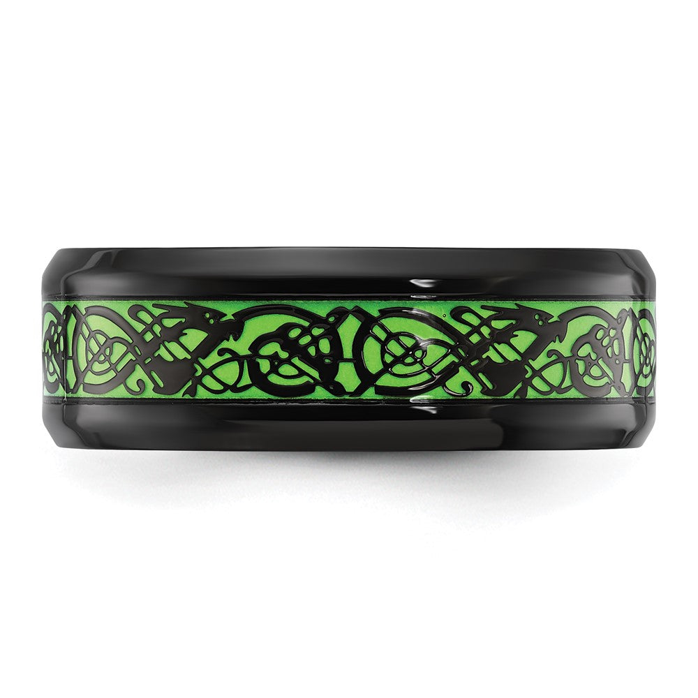 Chisel Stainless Steel Polished Black IP-plated Dragon Design with Green Glow in the Dark Enamel 8mm Band
