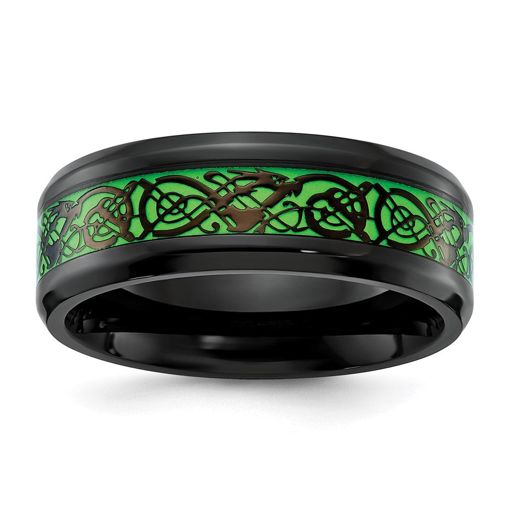 Chisel Stainless Steel Polished Black IP-plated Dragon Design with Green Glow in the Dark Enamel 8mm Band