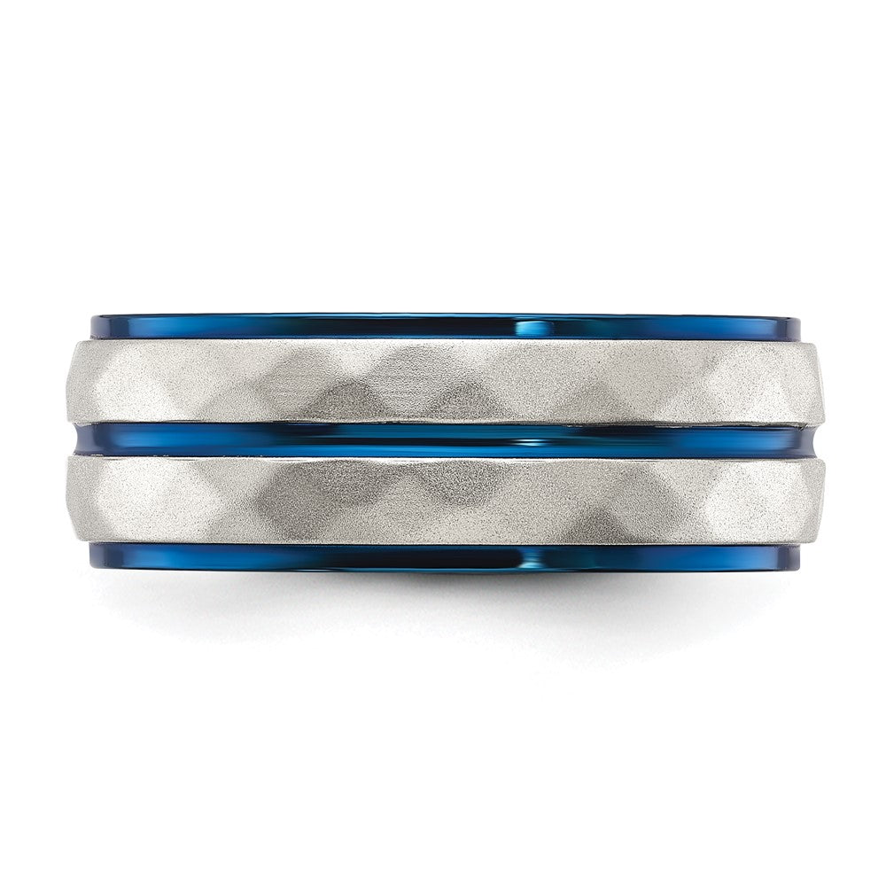Chisel Stainless Steel Polished and Sand-blasted Faceted Blue IP-plated 8mm Band