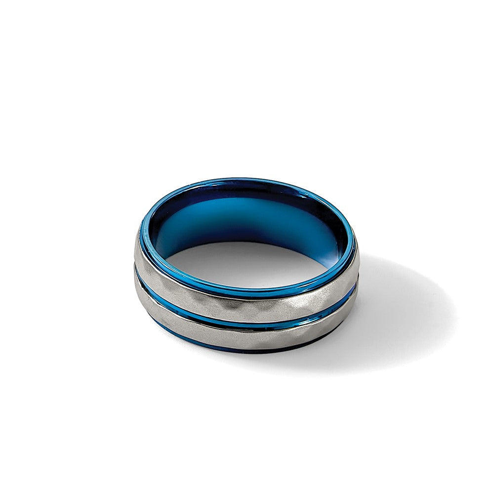 Chisel Stainless Steel Polished and Sand-blasted Faceted Blue IP-plated 8mm Band