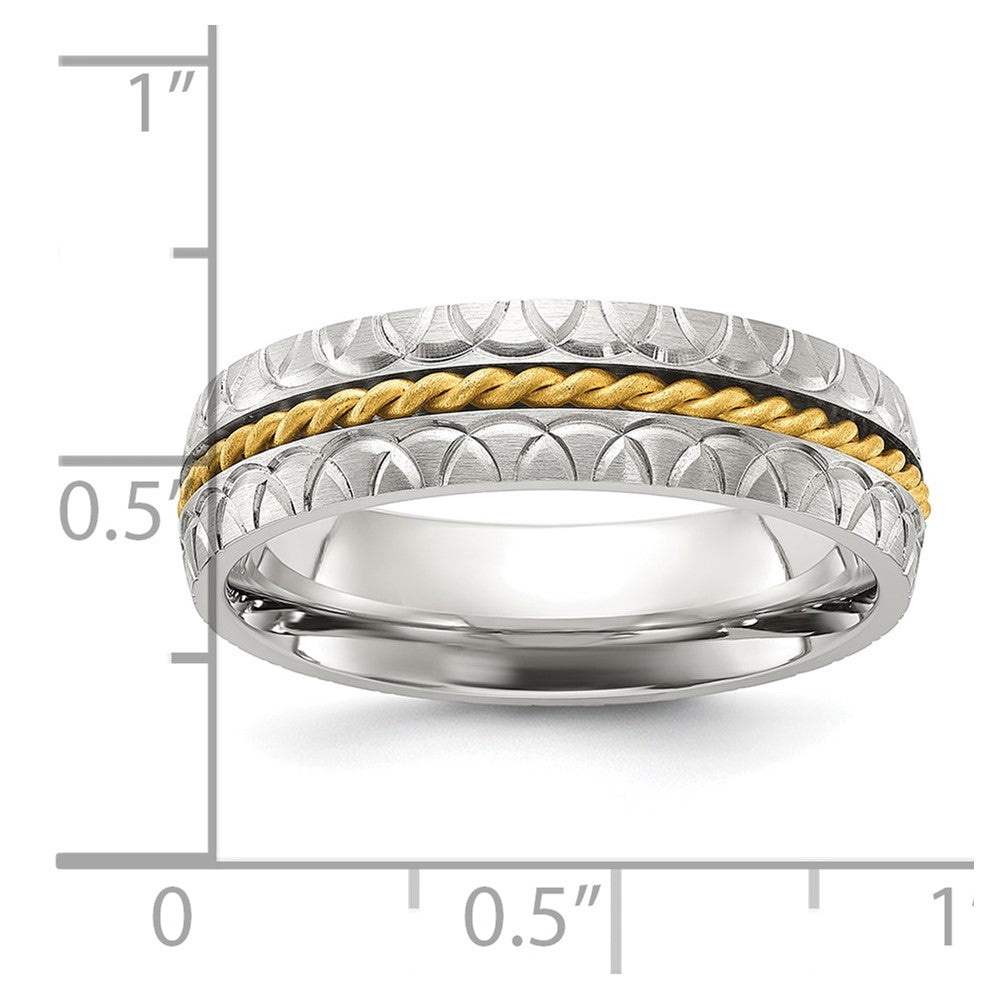 Chisel Stainless Steel Brushed, Polished and Textured Yellow IP-plated Center 6mm Band