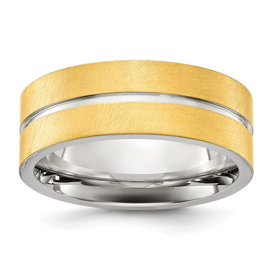 Chisel Stainless Steel Brushed and Polished Yellow IP-plated Grooved 8mm Band