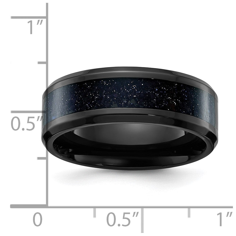 Chisel Stainless Steel Polished Black IP-plated with Blue Star Sandstone Inlay 8mm Band