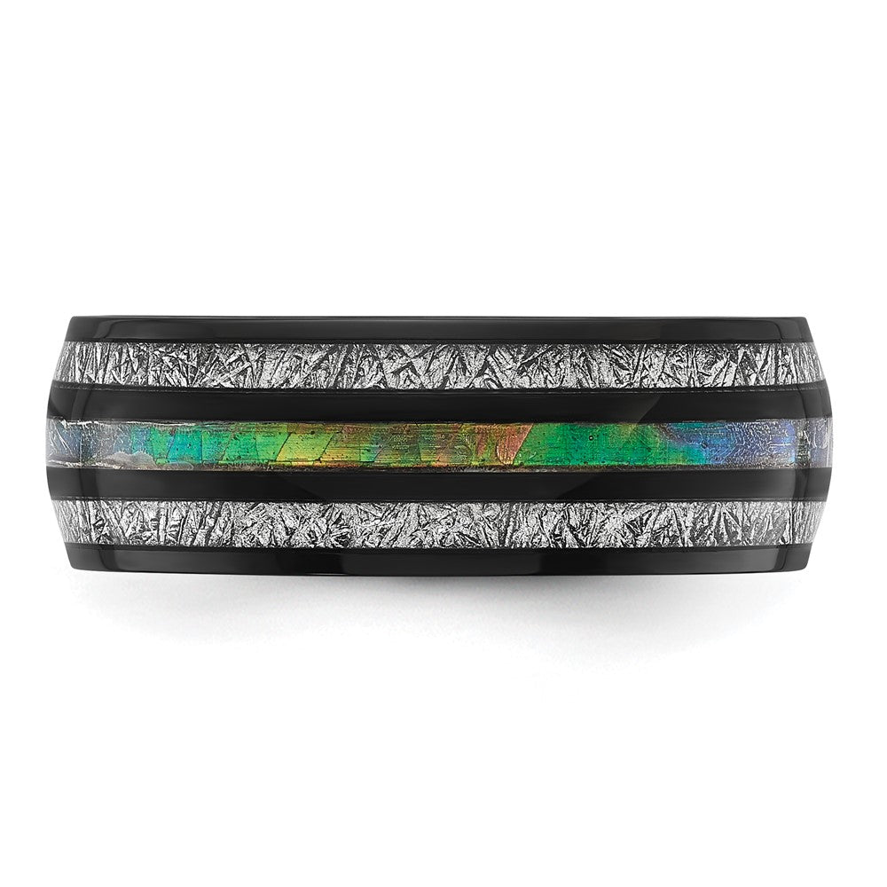 Chisel Stainless Steel Polished Black IP-plated with Abalone and Imitation Meteorite 8mm Band