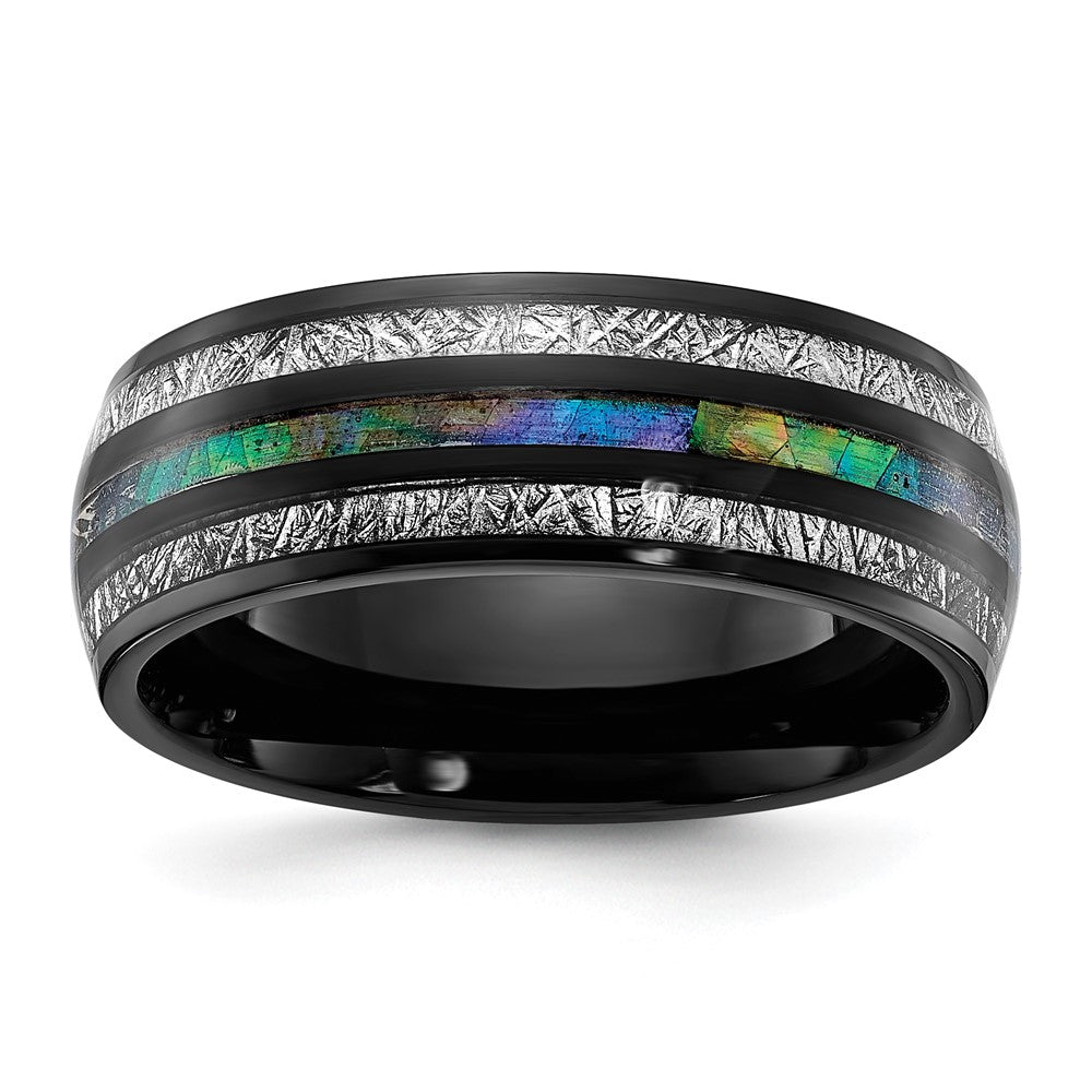 Chisel Stainless Steel Polished Black IP-plated with Abalone and Imitation Meteorite 8mm Band
