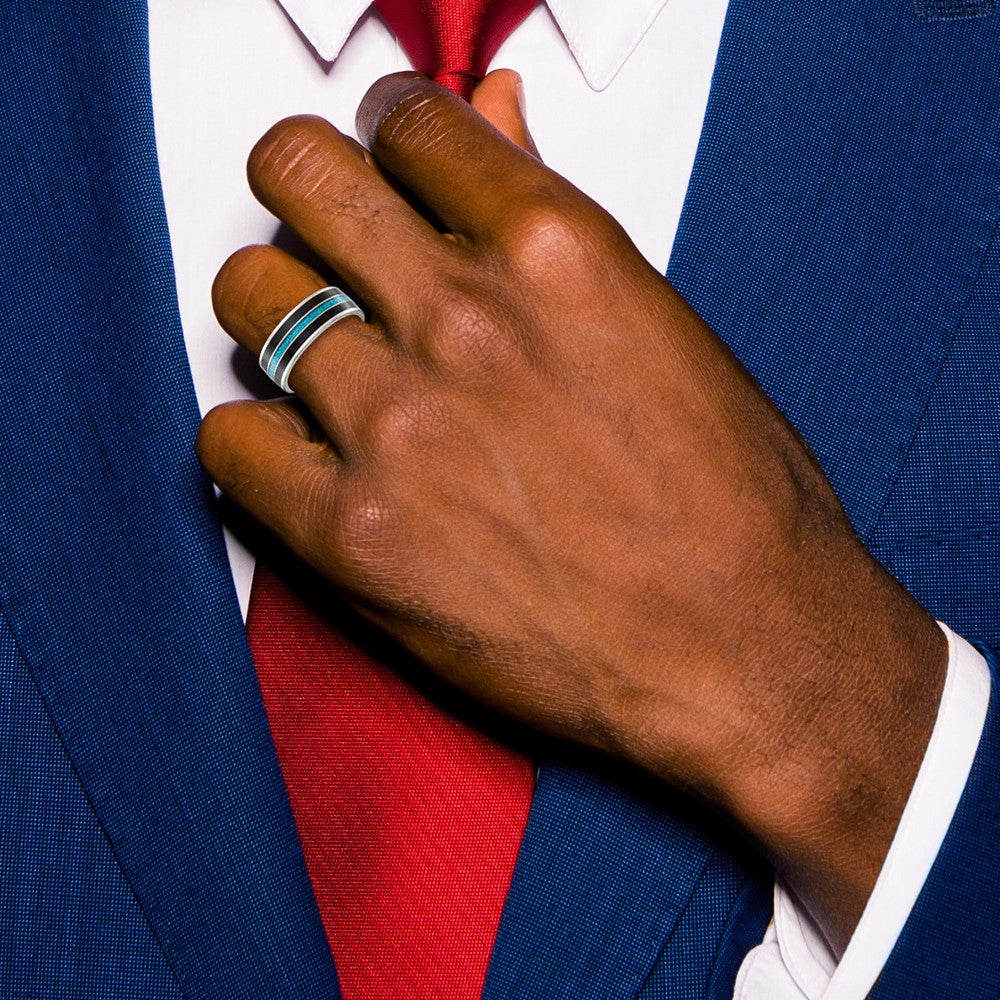 Chisel Stainless Steel Polished with Turquoise and Black Star Sandstone Inlay 8mm Band