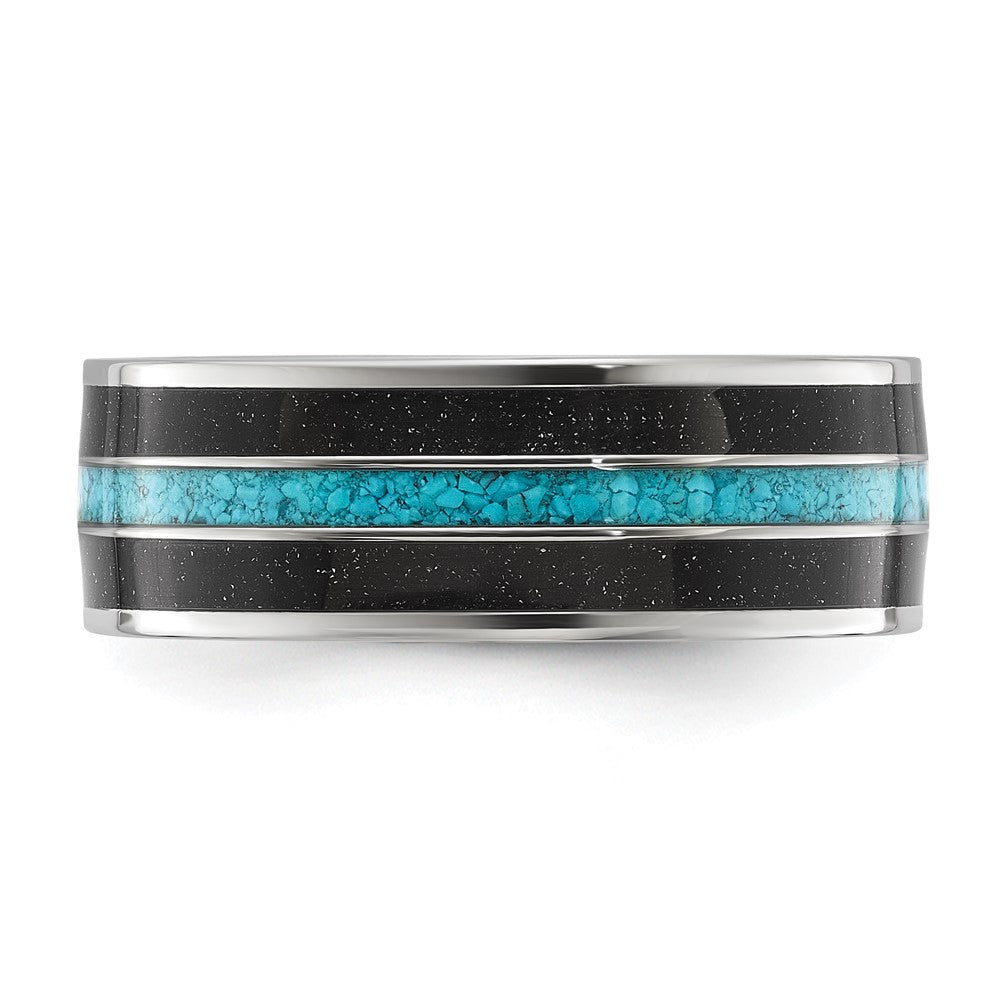 Chisel Stainless Steel Polished with Turquoise and Black Star Sandstone Inlay 8mm Band
