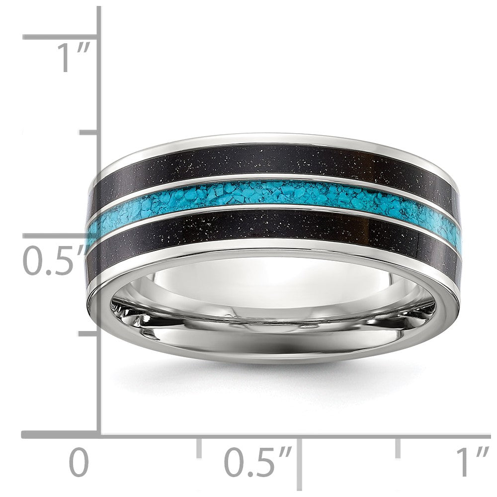 Chisel Stainless Steel Polished with Turquoise and Black Star Sandstone Inlay 8mm Band