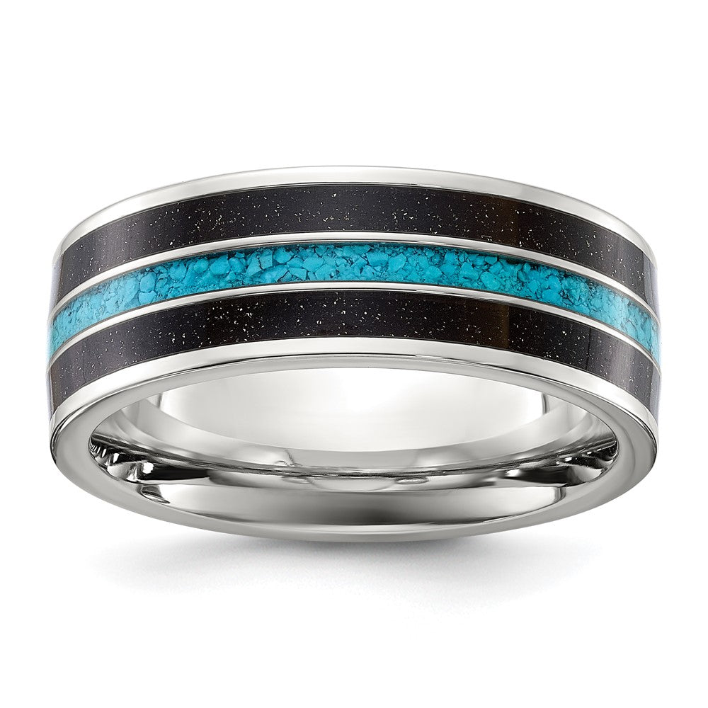 Chisel Stainless Steel Polished with Turquoise and Black Star Sandstone Inlay 8mm Band