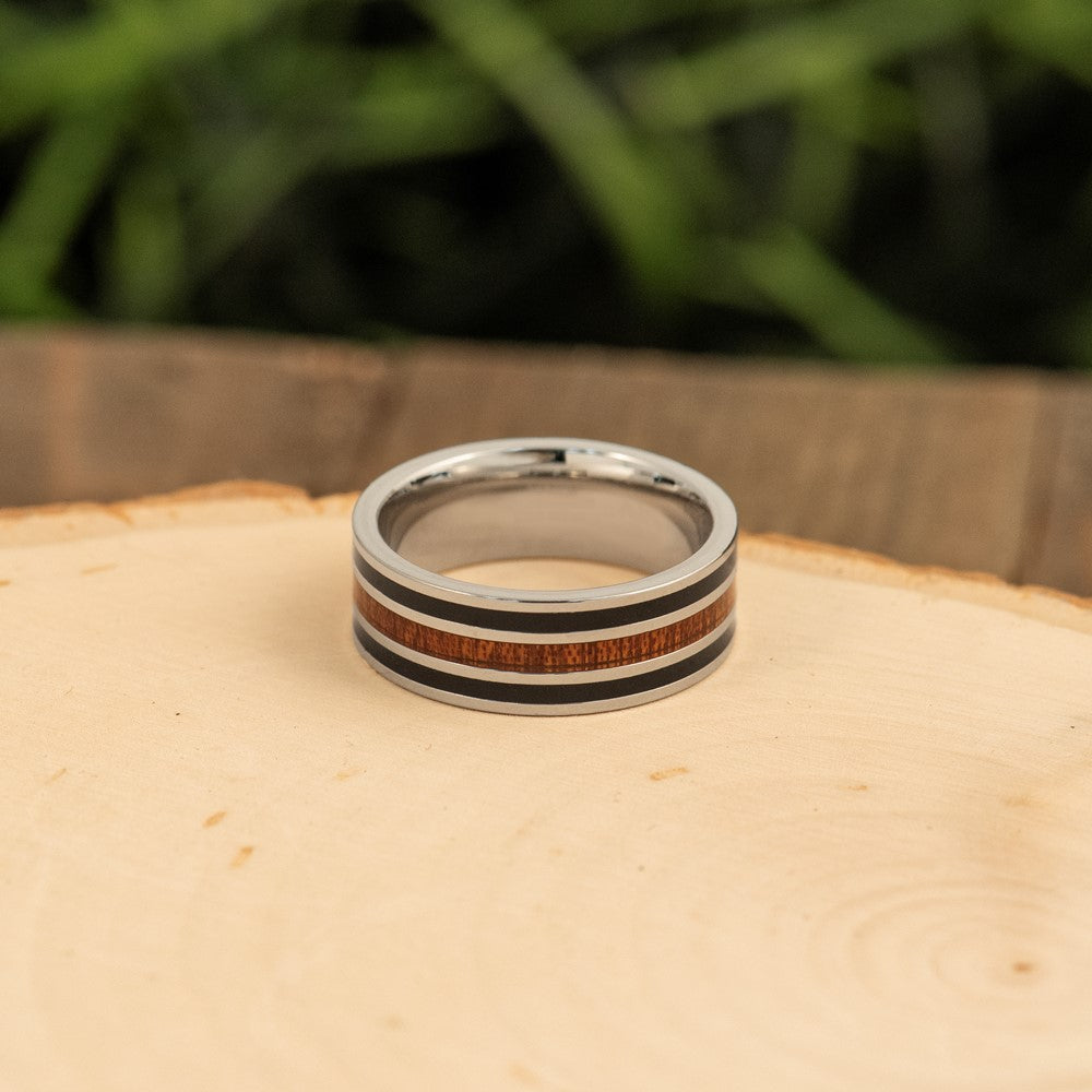 Chisel Stainless Steel Polished with Black Resin and Wood Inlay 8mm Band