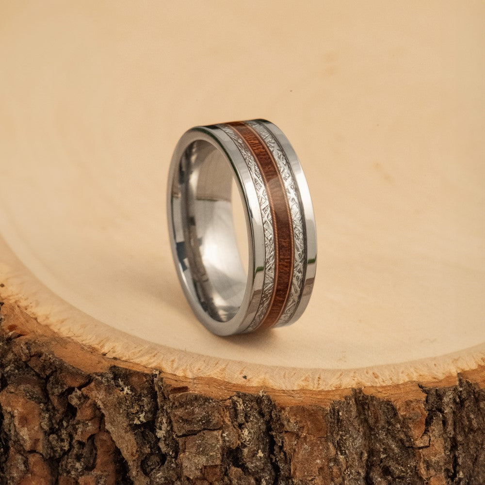 Chisel Stainless Steel Polished with Wood and Imitation Meteorite Inlay 8mm Band