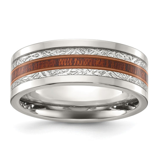 Chisel Stainless Steel Polished with Wood and Imitation Meteorite Inlay 8mm Band