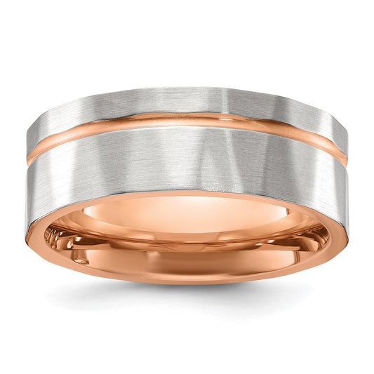 Chisel Stainless Steel Brushed and Polished Faceted Rose IP-plated 8mm Band