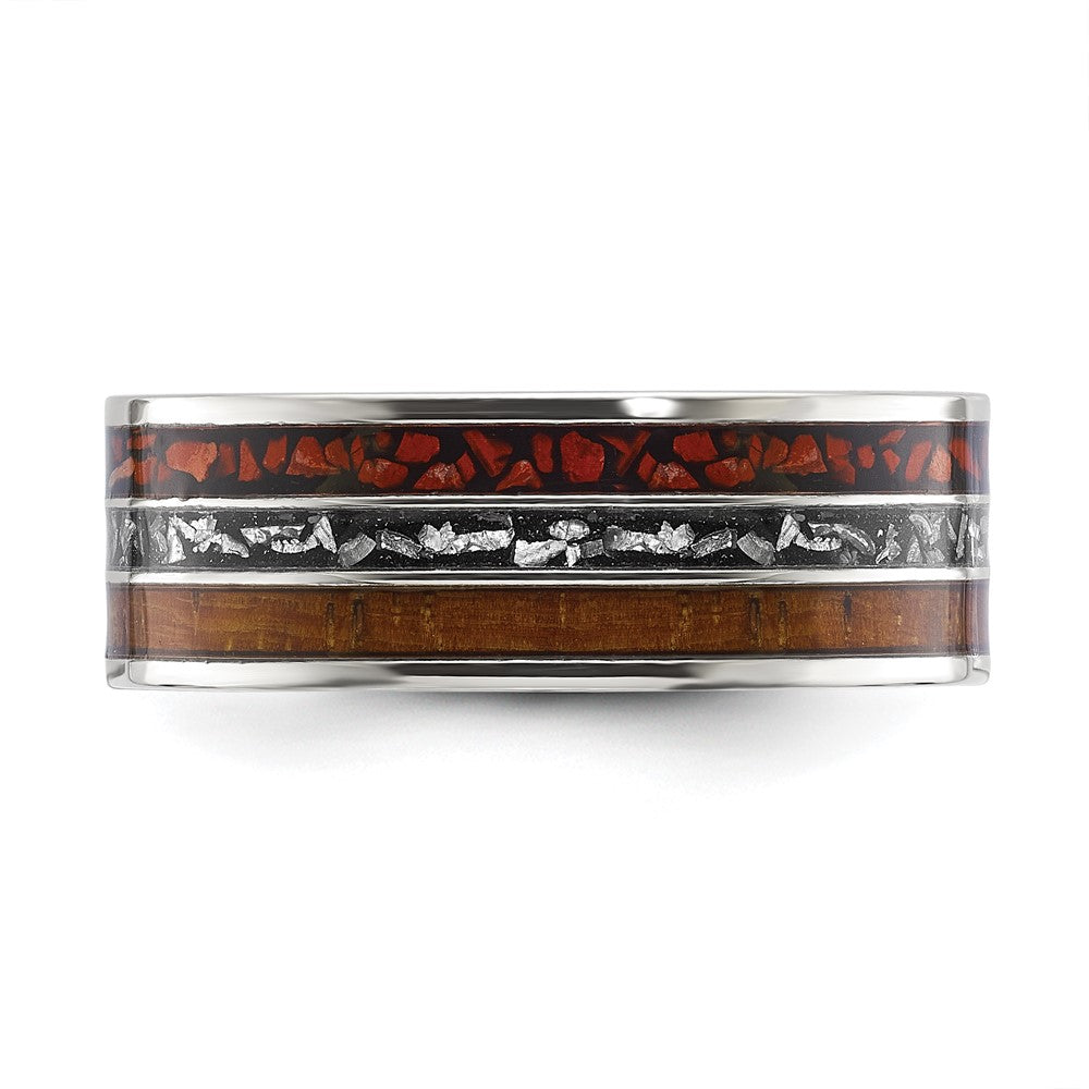 Chisel Stainless Steel Polished with Wood, Imitation Meteorite and Red Stone Inlay 8mm Band