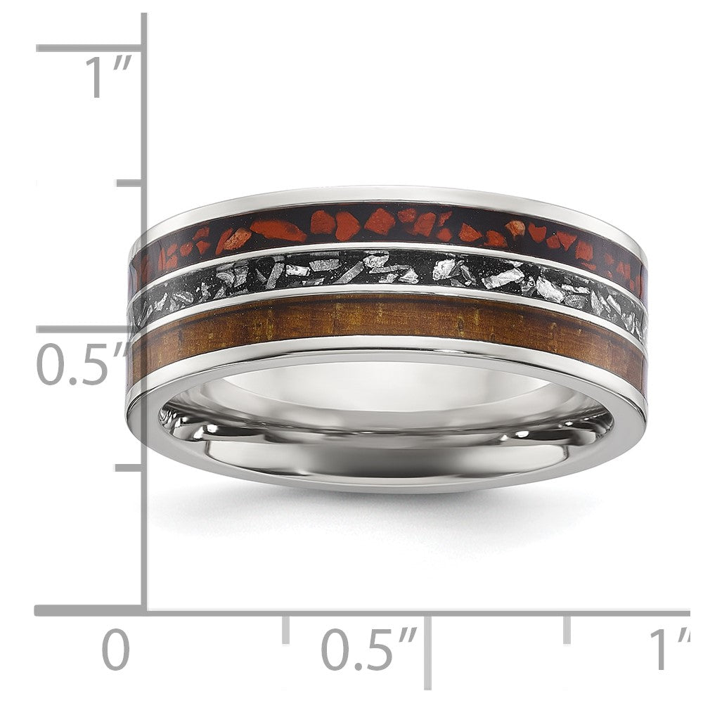 Chisel Stainless Steel Polished with Wood, Imitation Meteorite and Red Stone Inlay 8mm Band