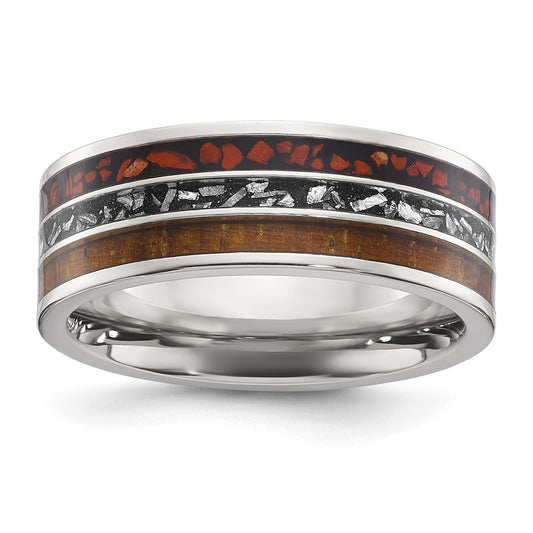 Chisel Stainless Steel Polished with Wood, Imitation Meteorite and Red Stone Inlay 8mm Band