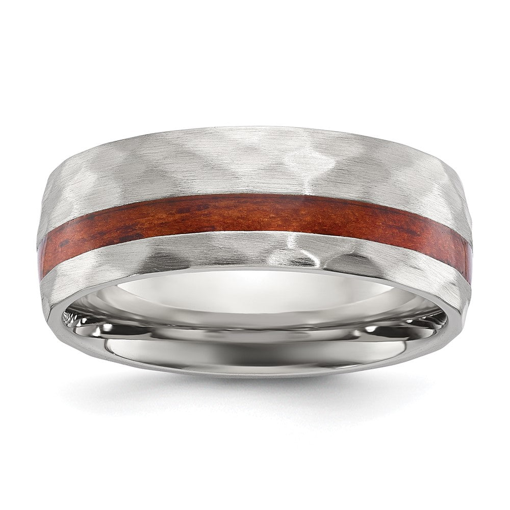 Chisel Stainless Steel Brushed and Hammered with Wood Inlay 8mm Band