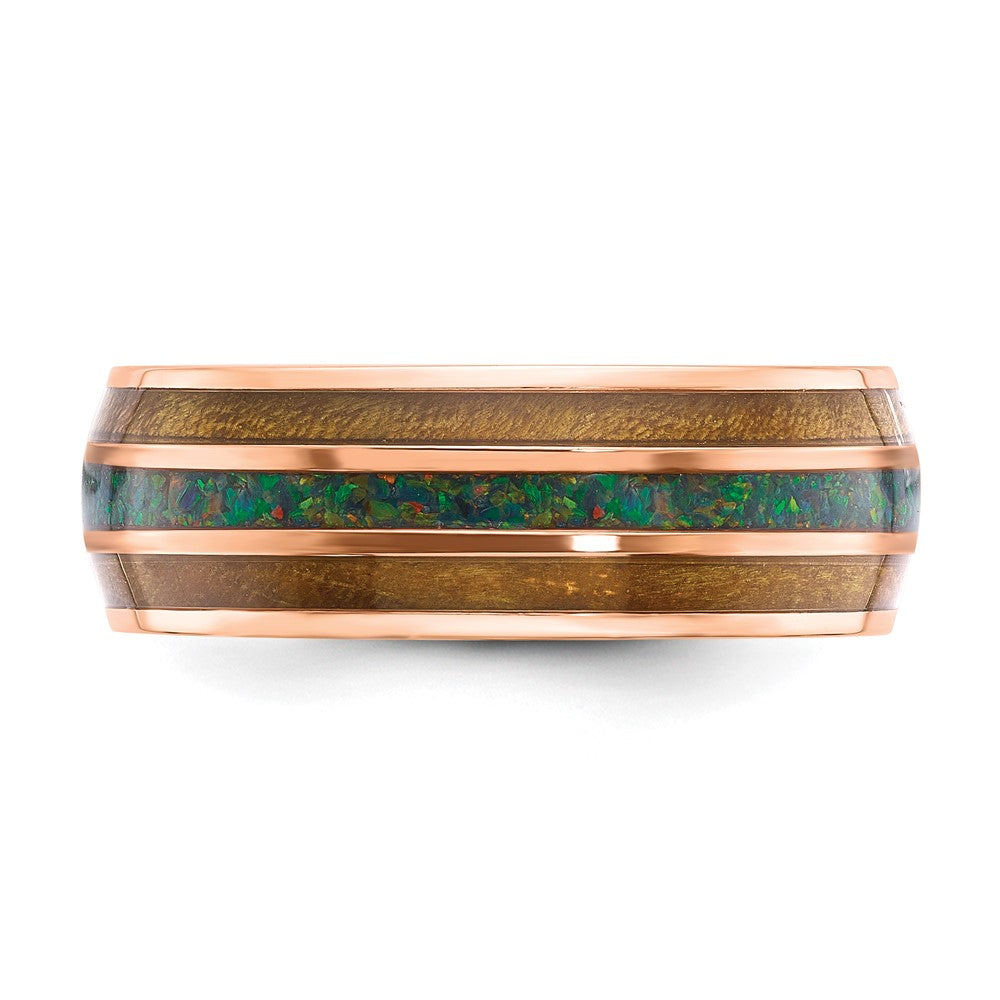Chisel Stainless Steel Polished Rose IP-plated with Wood and Imitation Opal Inlay 8mm Band