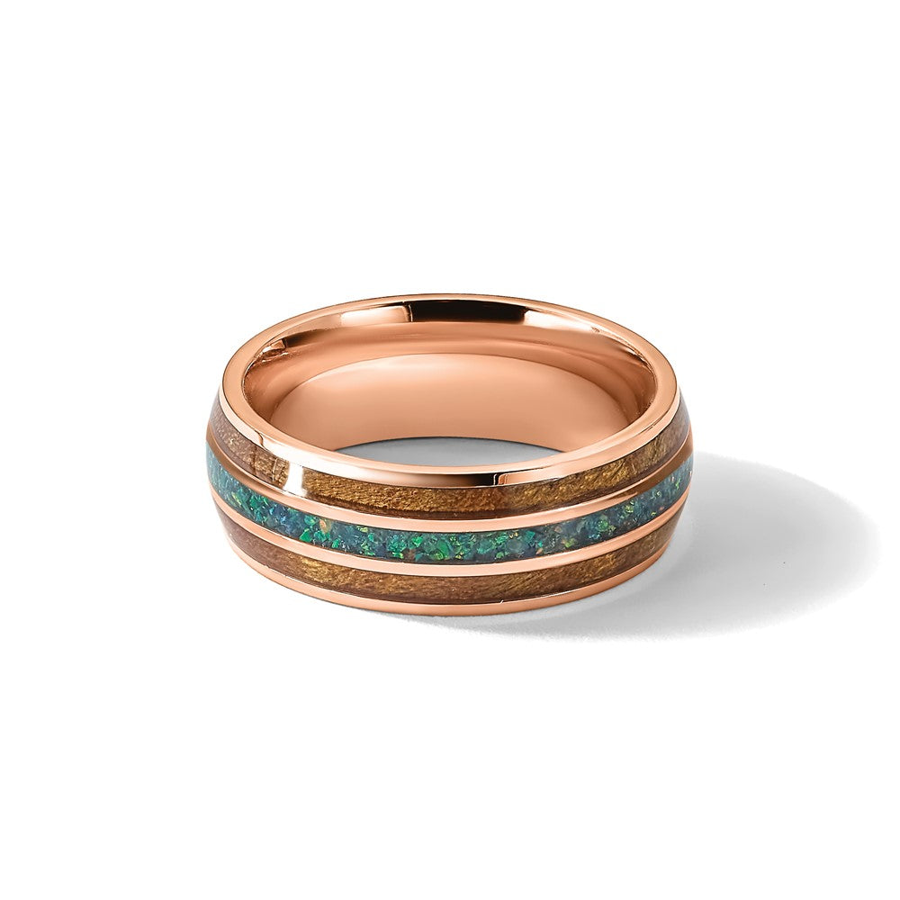 Chisel Stainless Steel Polished Rose IP-plated with Wood and Imitation Opal Inlay 8mm Band