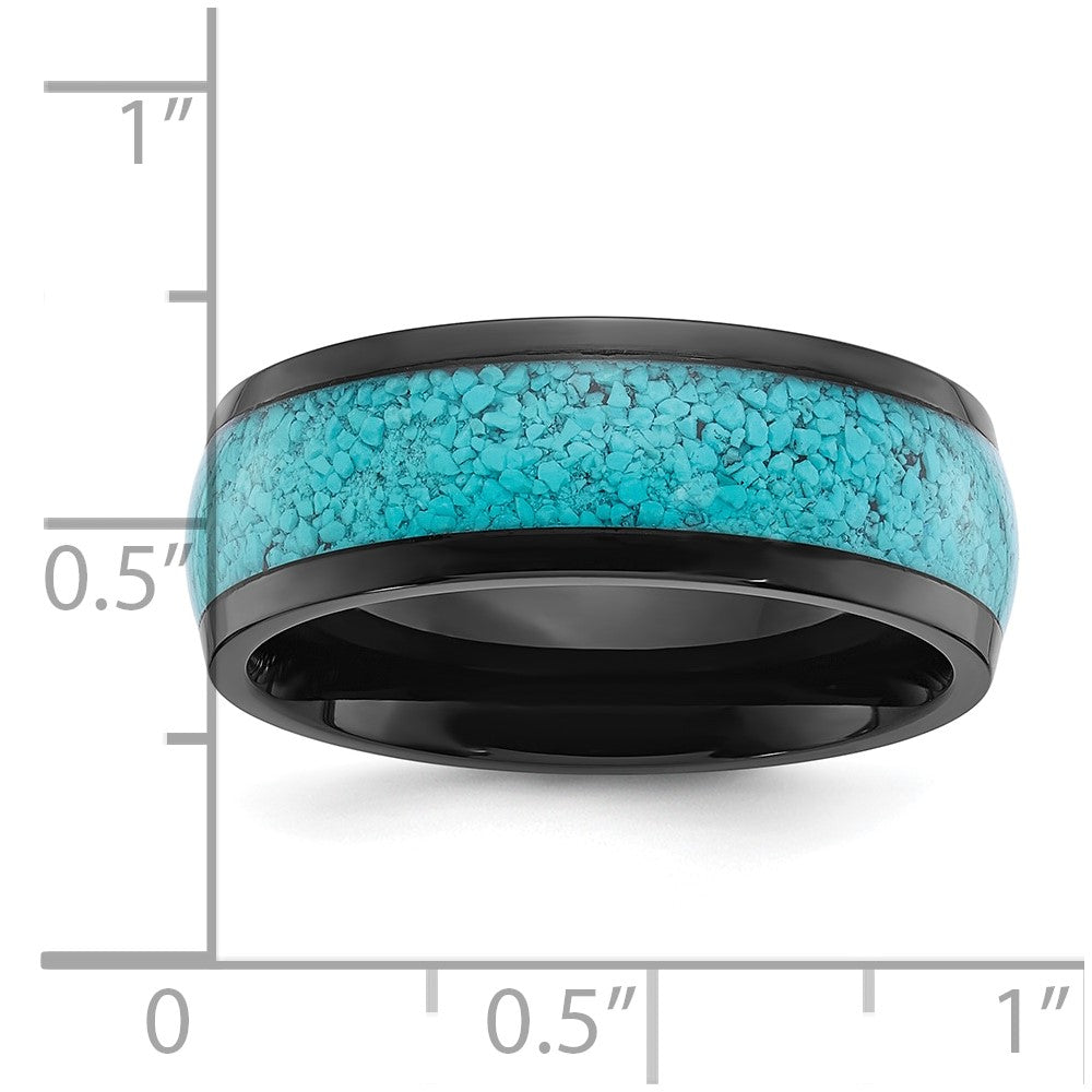 Chisel Stainless Steel Polished Black IP-plated with Imitation Turquoise Inlay 8mm Band