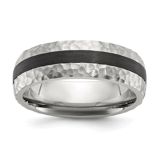 Chisel Stainless Steel Brushed and Hammered Black Carbon Fiber Inlay 7mm Band