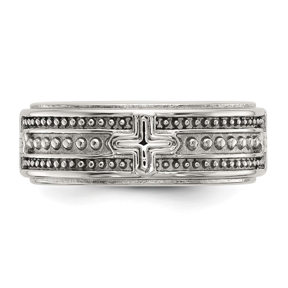 Chisel Stainless Steel Polished Cross 7.7mm Grooved and Beaded Band
