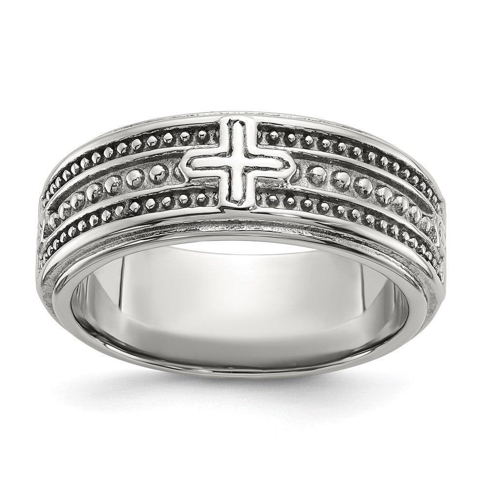 Chisel Stainless Steel Polished Cross 7.7mm Grooved and Beaded Band