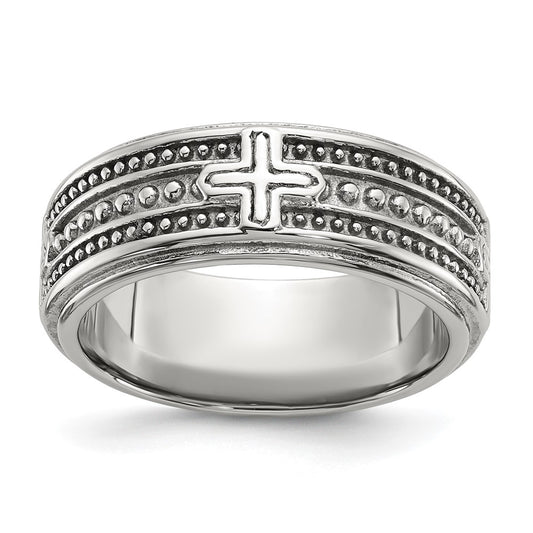 Chisel Stainless Steel Polished Cross 7.7mm Grooved and Beaded Band