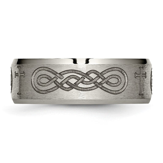 Chisel Titanium Brushed and Polished Cross Laser Design 8mm Beveled Edge Band