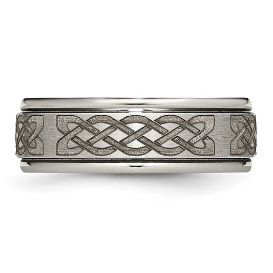 Chisel Titanium Brushed and Polished Celtic Laser Design 8mm Ridged Edge Band