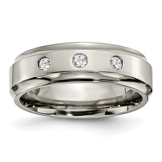 Chisel Titanium Polished 1/5 Carat Diamond Ridged Edge 7mm Band