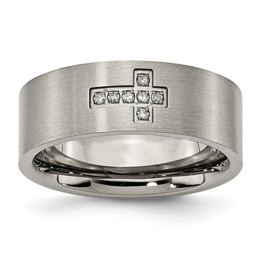 Chisel Titanium Brushed 1/15 Carat Diamond Cross 8mm Flat Band