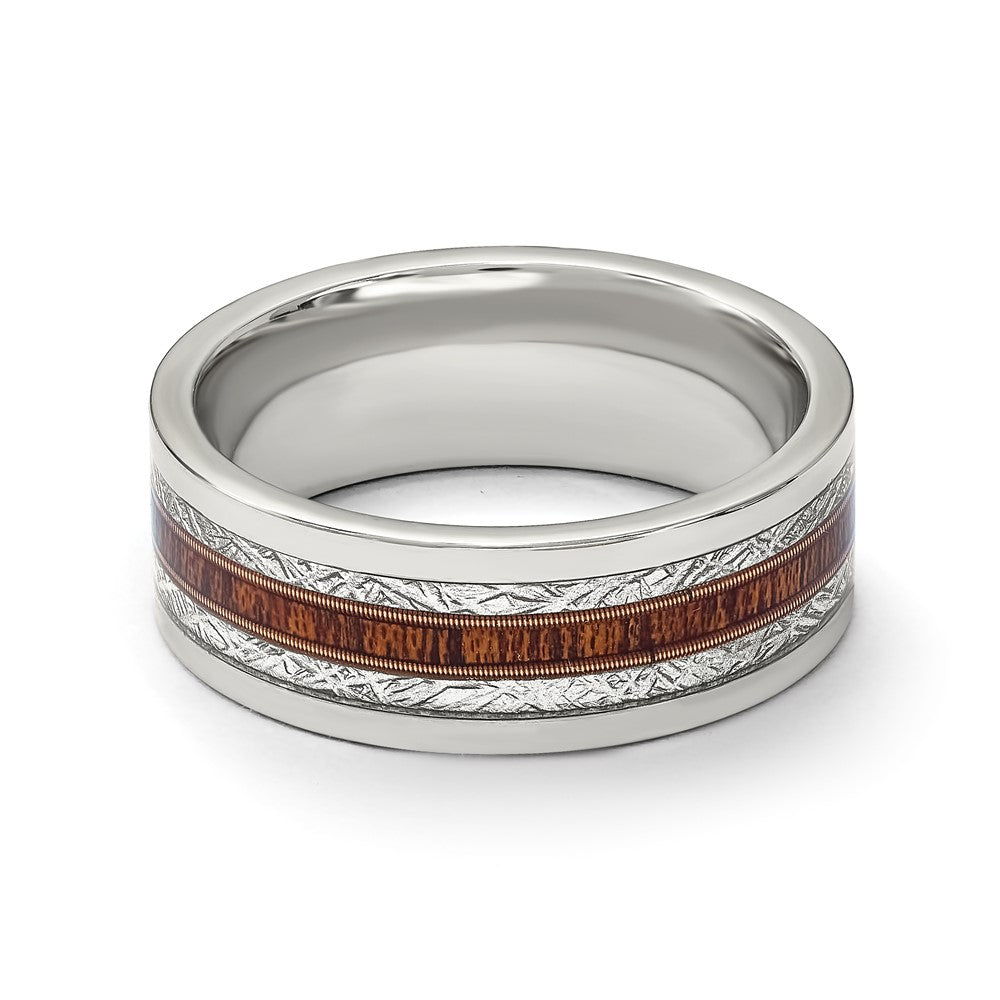 Chisel Titanium Polished with Wood and Imitation Meteorite Inlay 8mm Band