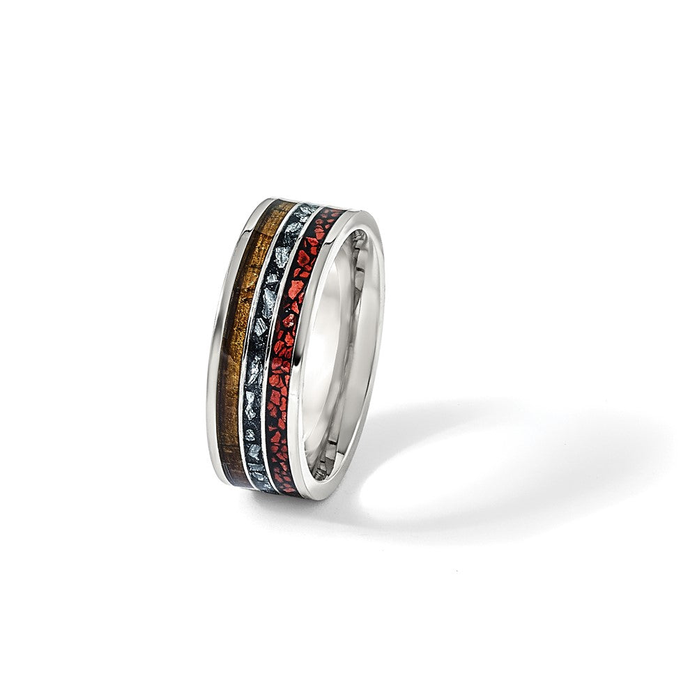 Chisel Titanium Polished with Wood, Imitation Meteorite and Red Stone Inlay 8mm Band