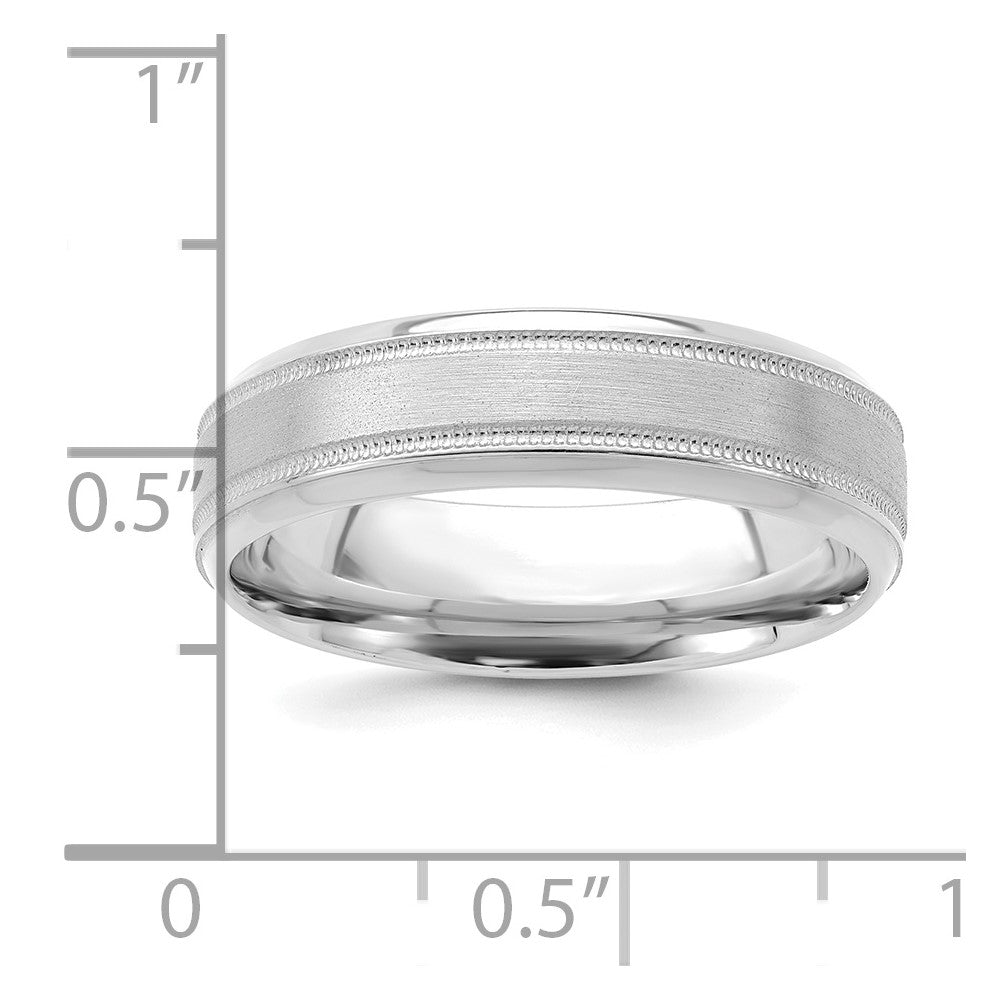 14k White Gold 6mm Standard Weight Comfort Fit Brushed Satin/Polished Milgrain Grooved Edge Wedding Band