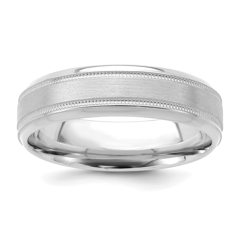 14k White Gold 6mm Heavyweight Comfort Fit Brushed Satin/Polished Milgrain Grooved Edge Wedding Band