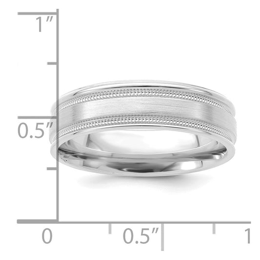 14k White Gold 6mm Standard Weight Comfort Fit Brushed Satin/Polished Milgrain Grooved Edge Wedding Band