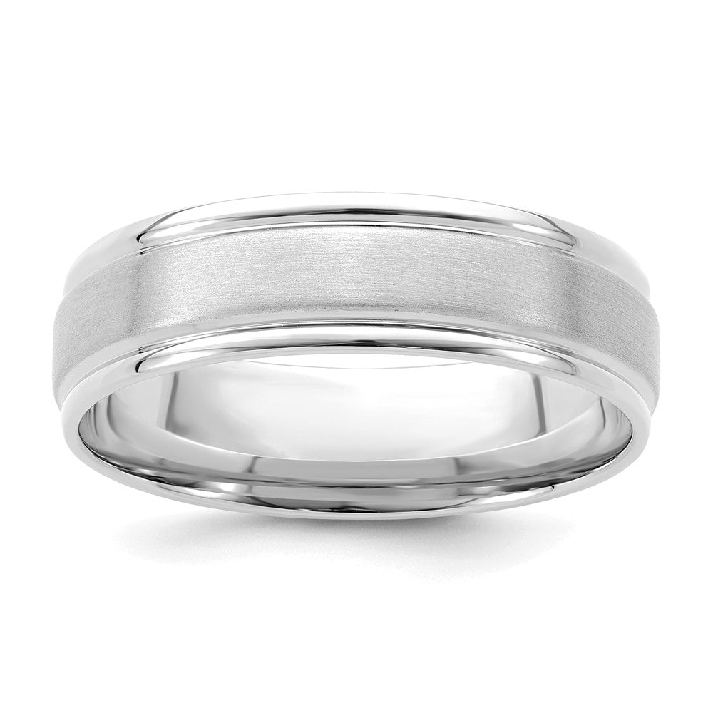 14k White Gold 6mm Standard Weight Comfort Fit Brushed Satin/Polished Grooved Edge Wedding Band