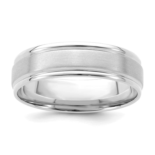 14k White Gold 6mm Standard Weight Comfort Fit Brushed Satin/Polished Grooved Edge Wedding Band